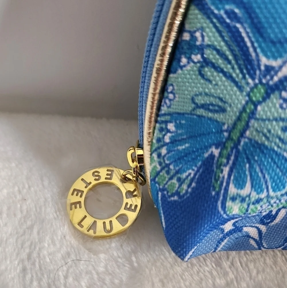 Lilly Pulitzer Estee Lauder Blue Green Floral Butterflies Cosmetic Makeup Bag
